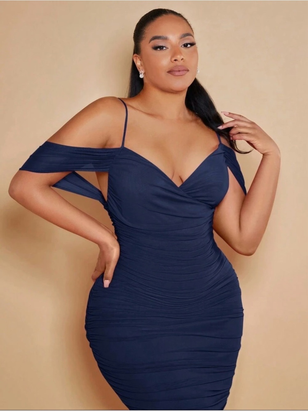Navy Blue Cold-Shoulder Ruched Midi Dress, Sz 1XL - Picture 3 of 4